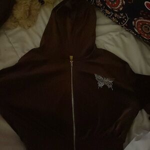 cropped y2k butterfly brown velvet sweatshirt